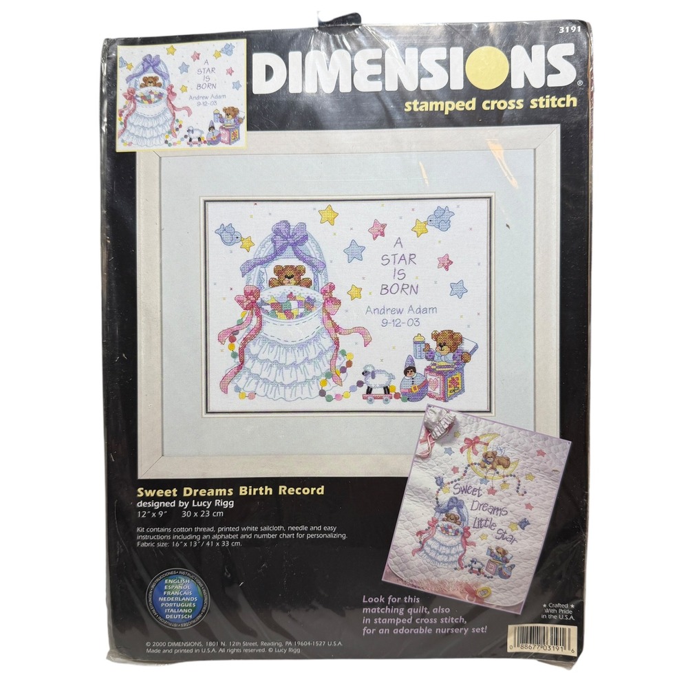 Dimensions Sweet Dreams Birth Record Stamped Cross Stitch Kit 3191 Lucy Rigg